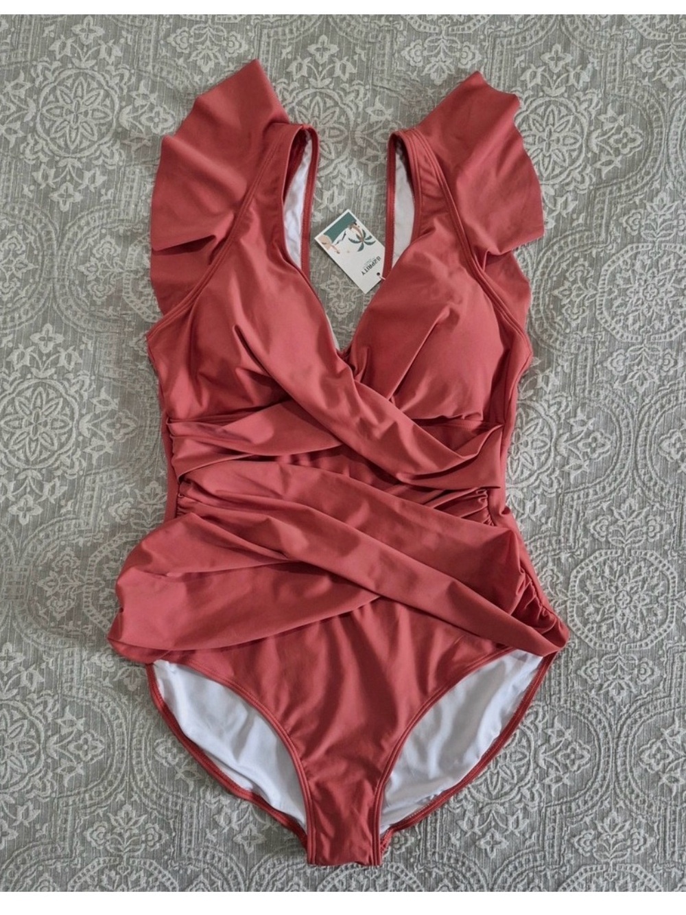 B2PRITY Women Ruffled One Piece Swimsuit V Neck Ruched Terracotta Coral NWT